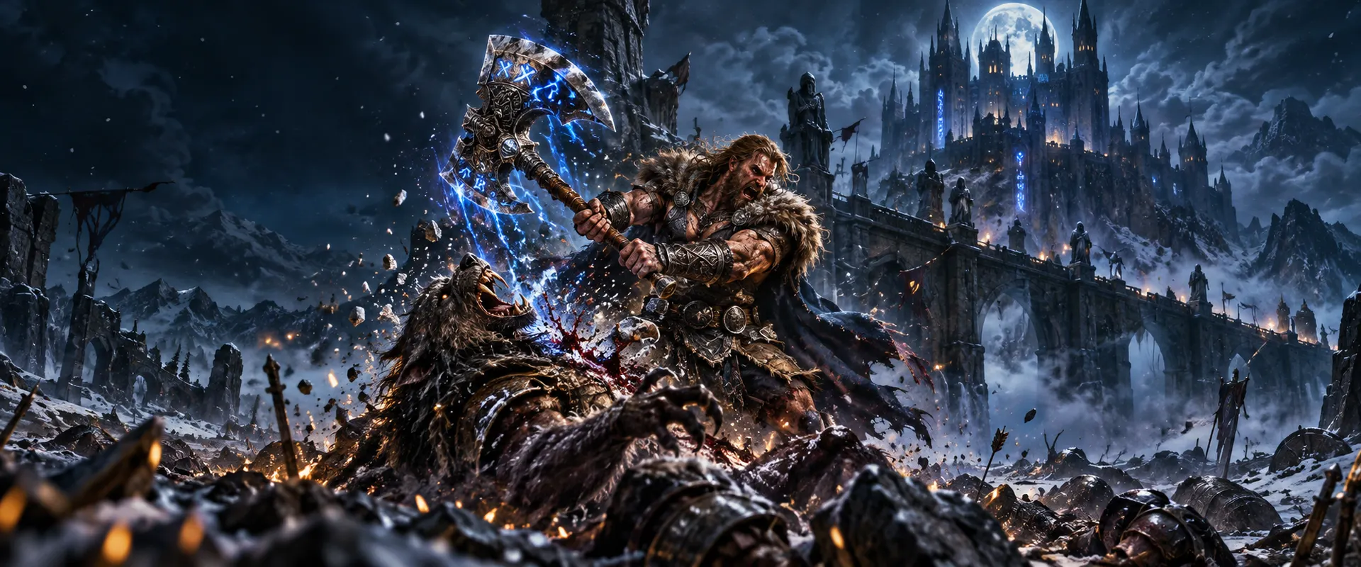 A barbarian bringing down a werewolf in front of the castle